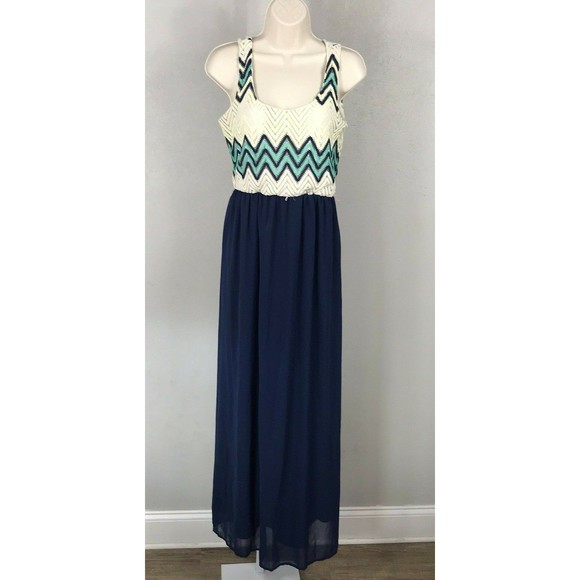 As U Wish Maxi Dress ~ Sz M ~ Blue ~ Long ~ Lined ~ Sleeveless ~ Chevron Top - Picture 2 of 7